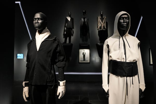 Designs by Saul Nash are displayed at the Metropolitan Museum of Art's Costume Institute exhibition, "Superfine: Tailoring Black Style," on Saturday, May 3, 2025, in New York. (Photo by Charles Sykes/Invision/AP)