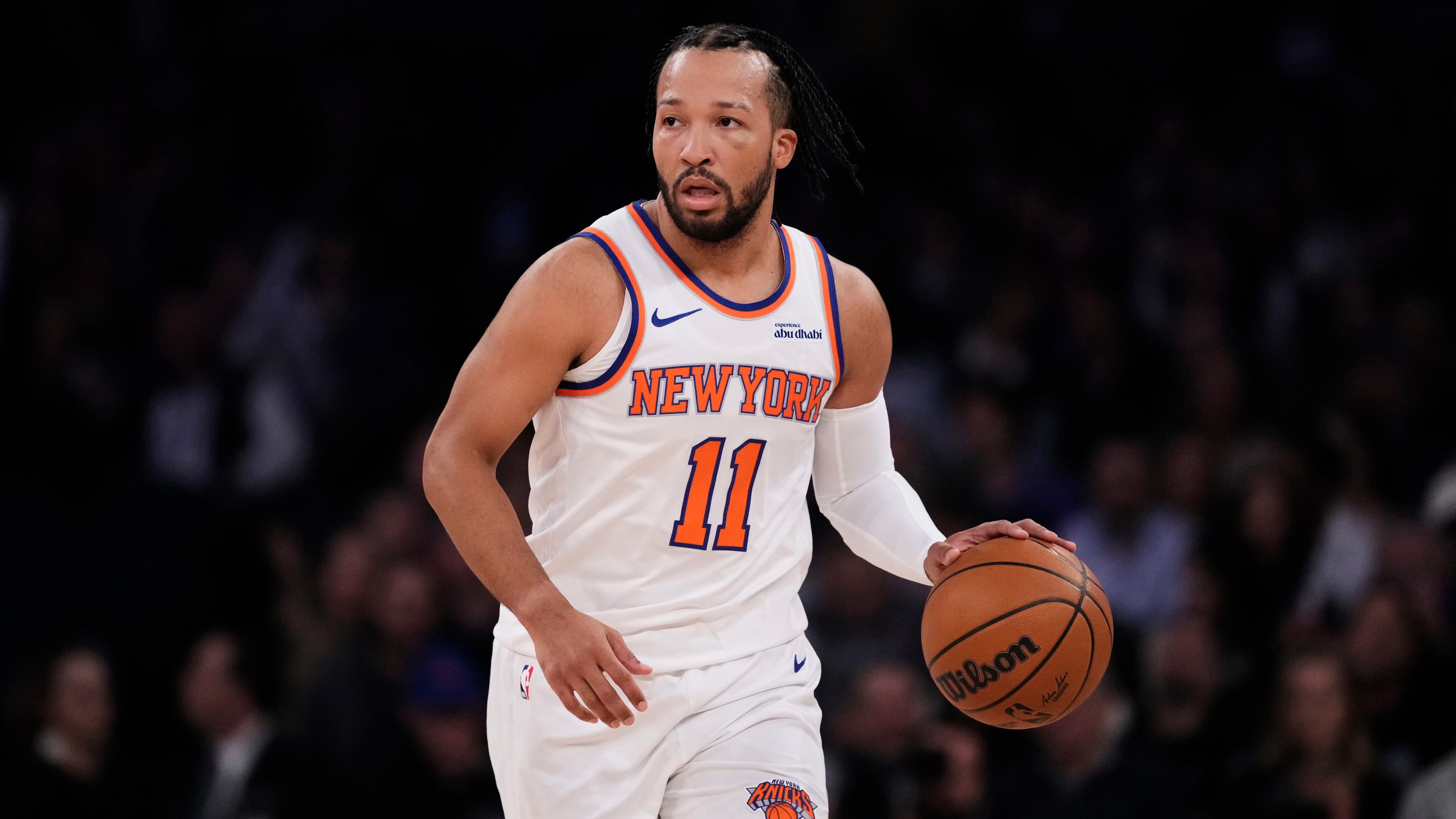 New York Knicks' Jalen Brunson (11) looks to pass during the first half of an NBA basketball game against the Orlando Magic Wednesday, Nov. 12, 2025, in New York. (AP Photo/Frank Franklin II)