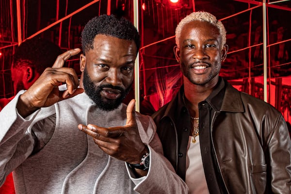 Akinola Davies Jr. left and Sope Dirisu pose for a portrait for the film 'Urchin' at the 78th international film festival, Cannes, southern France, Monday, May 19, 2025. (Photo by Joel C Ryan/Invision/AP)