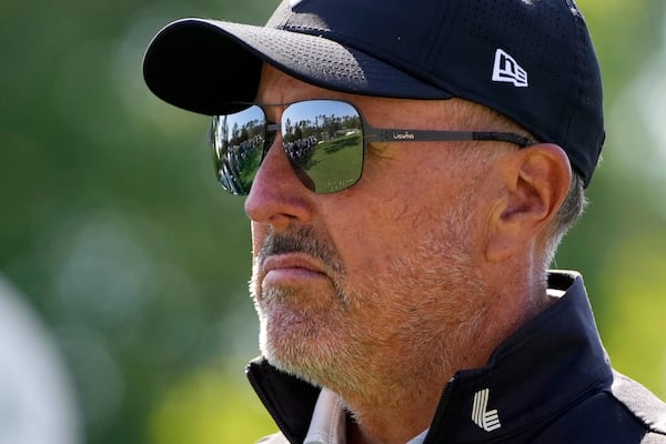 Phil Mickelson watches on the sixth hole during the first round at the Masters golf tournament, Thursday, April 10, 2025, in Augusta, Ga. (AP Photo/Julia Demaree Nikhinson)