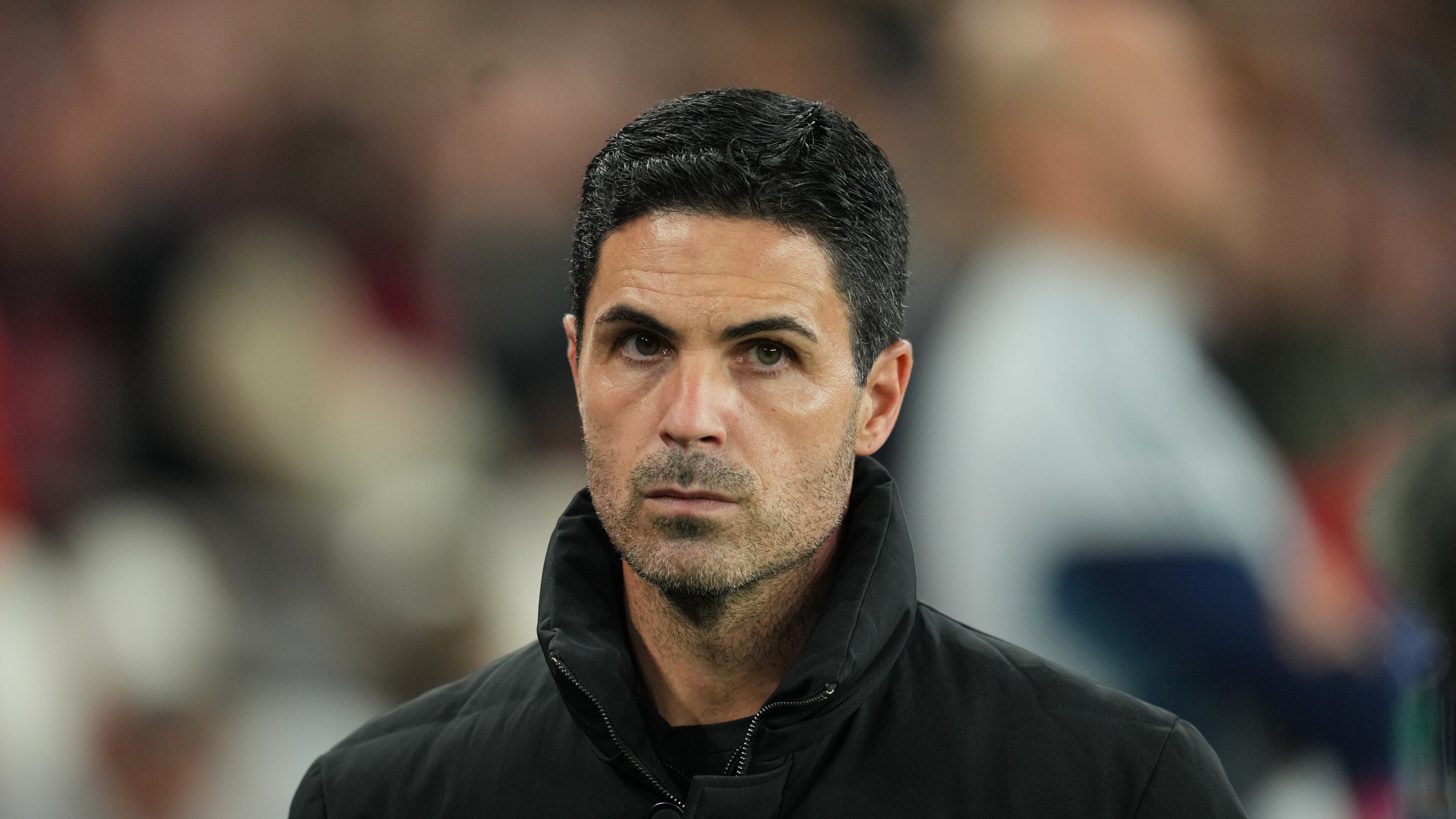 Arsenal's manager Mikel Arteta concentrates prior the Champions League opening phase soccer match between Arsenal and Olympiacos at Emirates stadium in London, England, Wednesday, Oct. 1, 2025. (AP Photo/Kin Cheung)