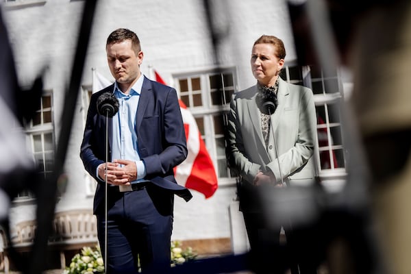 Denmark's Prime Minister Mette Frederiksen, left, and Greenland's Prime Minister Jens-Frederik Nielsen, speak on April 27, 2025, in Marienborg, Denmark. (Mads Claus Rasmussen/Ritzau Scanpix via AP)