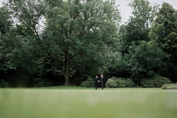 Netherland's Prime Minister Dick Schoof, right, speaks with Ukraine's President Volodymyr Zelenskyy during a meeting at the Catshuis on the sidelines of the NATO summit in The Hague, Netherlands, Tuesday, June 24, 2025. (AP Photo/Markus Schreiber)