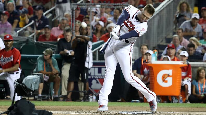 Freddie Freeman of the Atlanta Braves and the National League competes in the first round during the T-Mobile Home Run Derby at Nationals Park on July 16, 2018 in Washington, DC.  (Photo by Rob Carr/Getty Images)