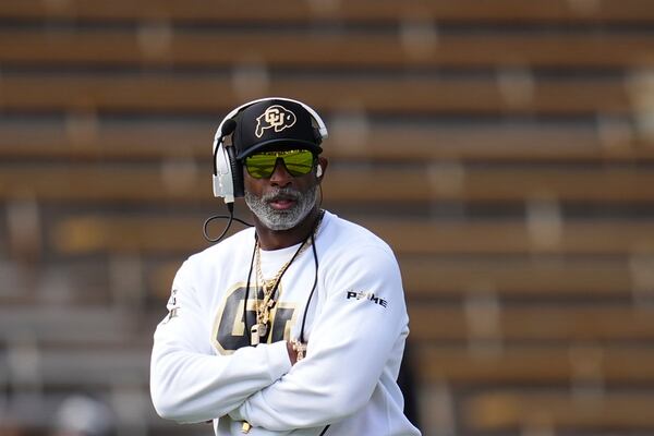 Colorado head coach Deion Sanders looks on during an NCAA college football spring game, Saturday, April 19, 2025, in Boulder, Colo. (AP PhotoJack Dempsey)