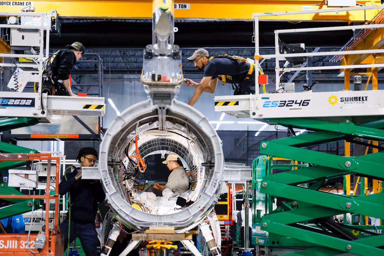 Mechanical engineers assembling the Quarterhorse Mk 2.2 aircraft at Hermeus’ Doraville facility on Tuesday, May 12, 2026. Hermeus, a company developing supersonic aircraft, aims to carry out its third test of an uncrewed, remotely piloted aircraft this coming fall. (Miguel Martinez/AJC)