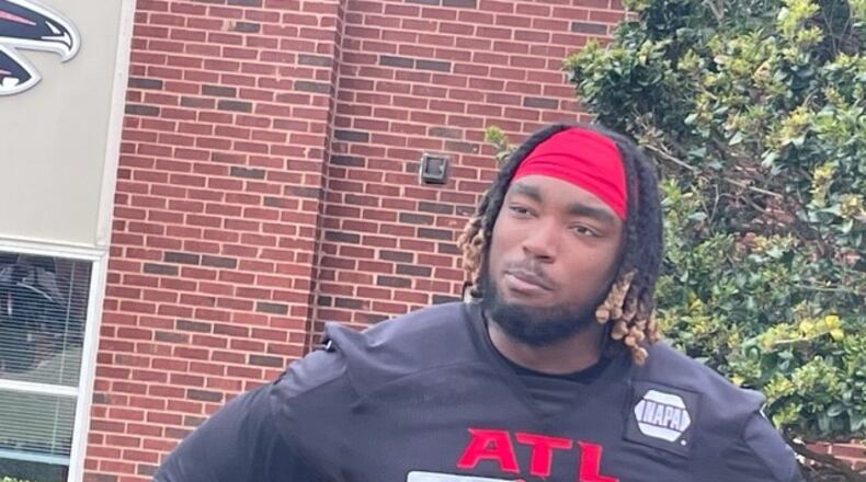 Falcons rookie defensive tackle Ta'Quon Graham after practice on Jan. 5, 2022.