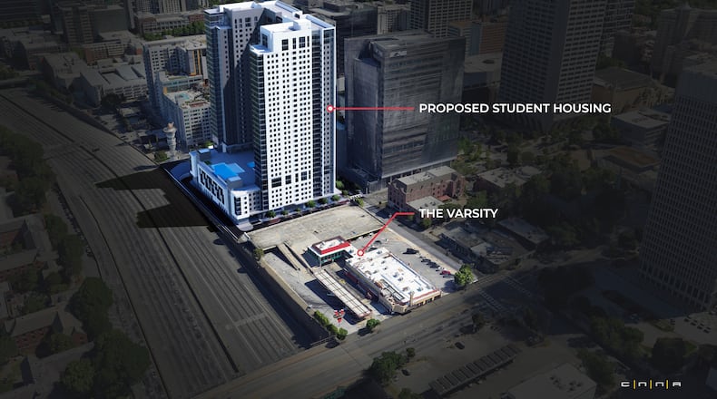 A rendering shows a proposed student housing tower near the Varsity in downtown Atlanta. (Courtesy of Landmark Properties)