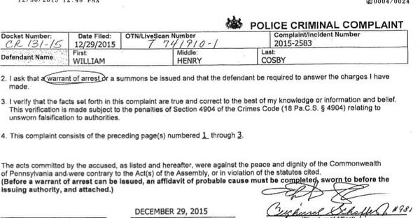 MSNBC aired this image of legal documents in the Bill Cosby case.