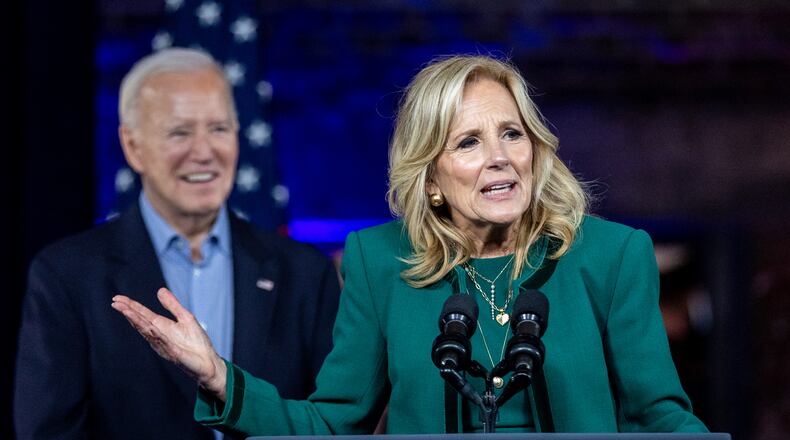 First Lady Jill Biden talks at a rally at Pullman Yard on Saturday evening in Atlanta, March 9, 2024. Some liberal stalwarts are urging Georgia Democrats to leave their ballots blank on Tuesday as a protest vote over Joe Biden's policies toward Israel in the war in Gaza. (Steve Schaefer/steve.schaefer@ajc.com)