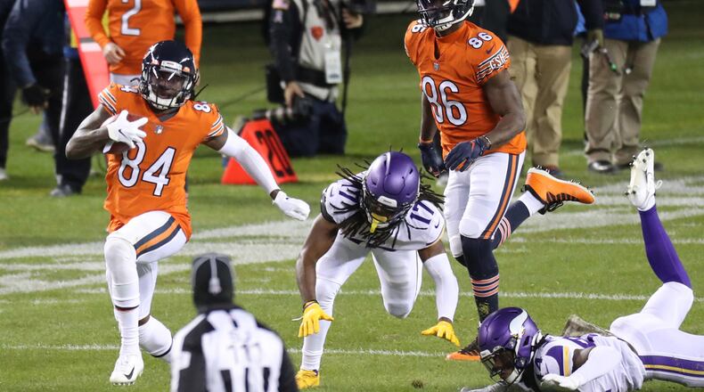 Chicago Bears returner Cordarrelle Patterson (84) returns a kickoff 104 yards for a touchdown to open the third quarter against the Minnesota Vikings on Monday, Nov. 16, 2020 at Soldier Field in Chicago. (Brian Cassella/Chicago Tribune/TNS)