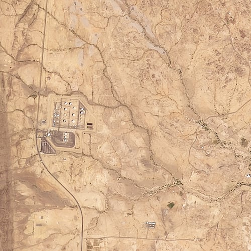 This satellite image provided by Planet Labs PBC shows a Saudi Aramco oil refinery north of Abha, Saudi Arabia, shortly before a plume of smoke began rising from the facility Tuesday, Sept. 8, 2026. (Planet Labs PBC via AP)
