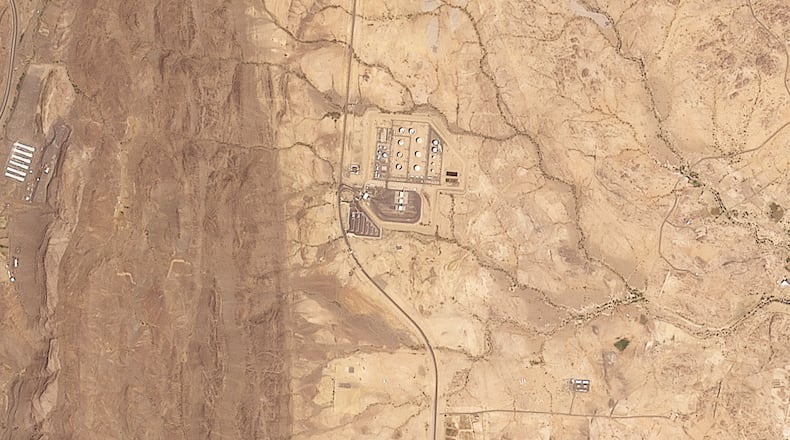 This satellite image provided by Planet Labs PBC shows a Saudi Aramco oil refinery north of Abha, Saudi Arabia, shortly before a plume of smoke began rising from the facility Tuesday, Sept. 8, 2026. (Planet Labs PBC via AP)