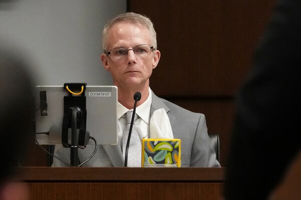 Brian Bodden, detective from City of Highland Park, answers a question from Eric Kalata, an Attorney Chief of Lake County, during the sentencing hearing for Robert E. Crimo III., at the Lake County Courthouse, in Waukegan, Ill., Wednesday, April 23, 2025. (AP Photo/Nam Y. Huh, Pool)