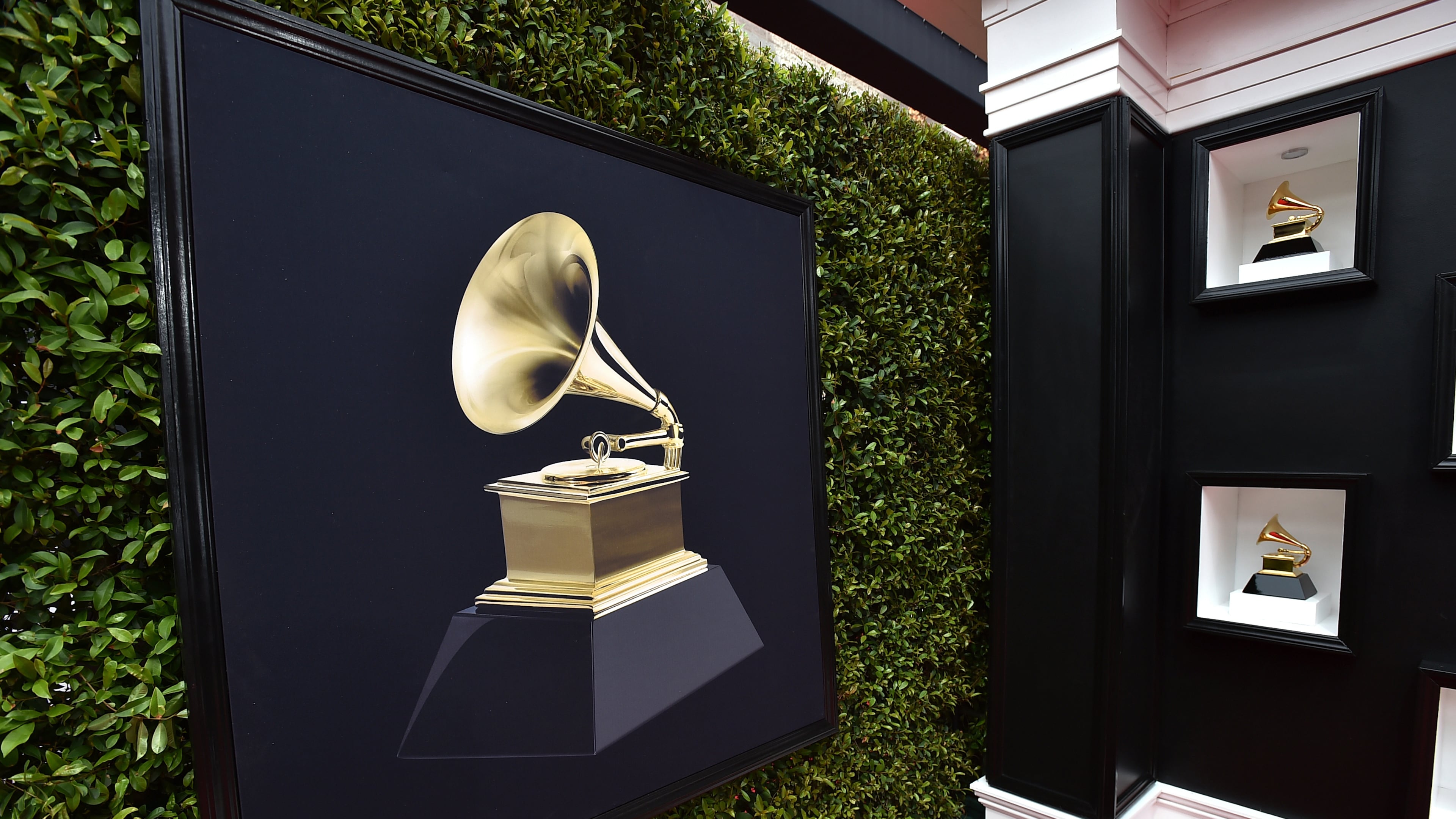 FILE - Decorative Grammy Awards appear on the red carpet at the 64th annual Grammy Awards in Las Vegas on April 3, 2022. (Photo by Jordan Strauss/Invision/AP, File)
