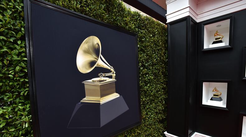 FILE - Decorative Grammy Awards appear on the red carpet at the 64th annual Grammy Awards in Las Vegas on April 3, 2022. (Photo by Jordan Strauss/Invision/AP, File)