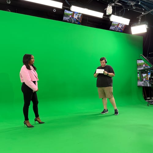 CBS Atlanta news anchor Jobina Fortson-Evans and director Sam Snook during a newscast rehearsal in Atlanta on Friday, Sept. 5, 2025. (Alex Sanz/Courtesy of CBS News Atlanta)