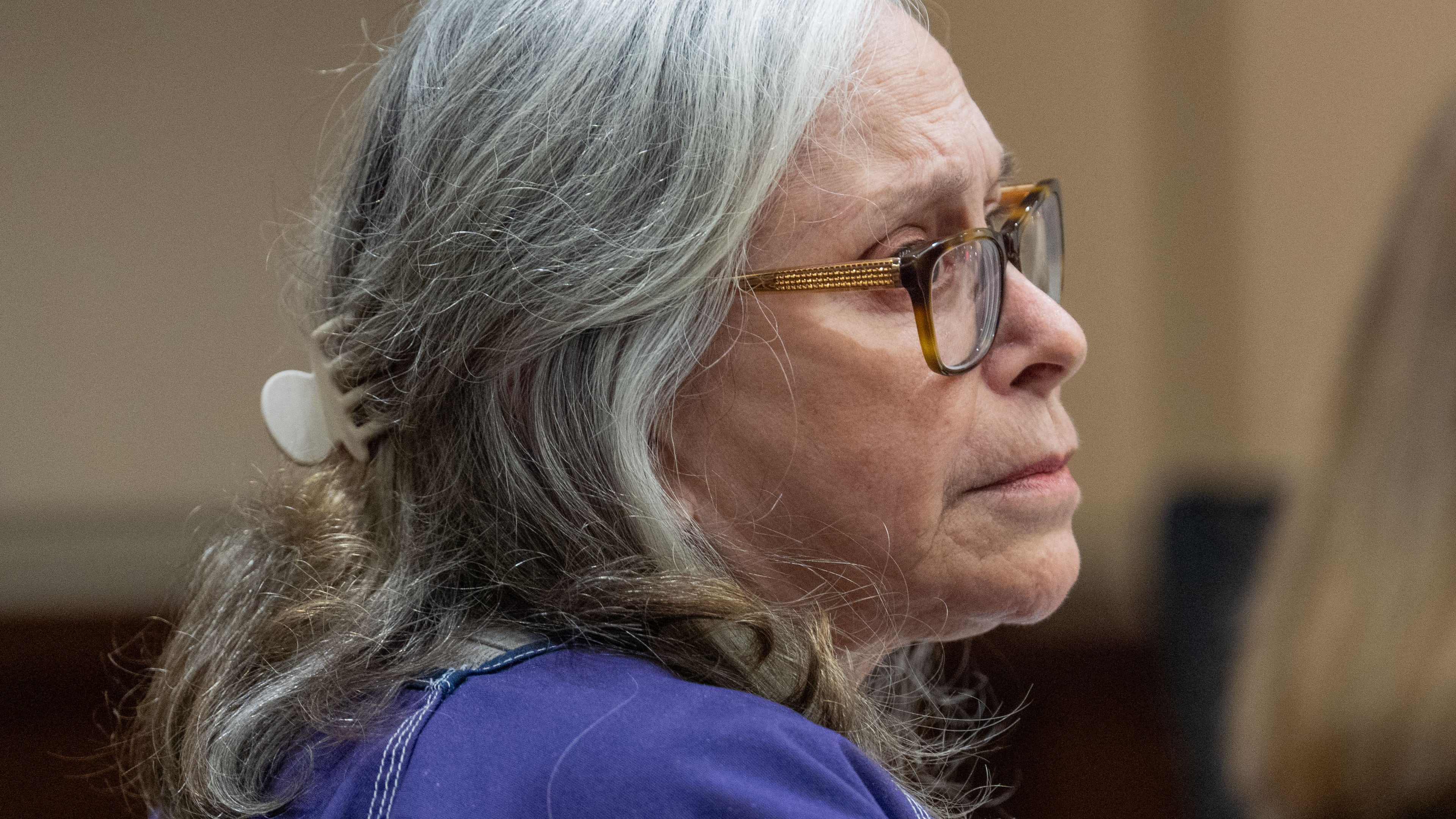 Donna Adelson listens to statements made on her behalf by family friends during her sentencing for her role in the murder of Dan Markel, Monday, Oct. 13, 2025. (Alicia Devine/Tallahassee Democrat via AP, Pool, File)