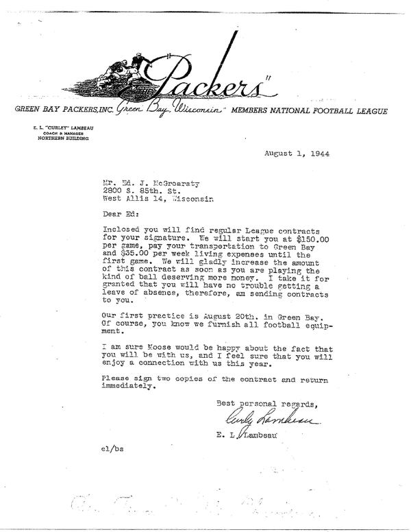 Letter from Packers coach Curley Lambeau to Ed "Moose" McGroraty to play for the 1944 Packers.