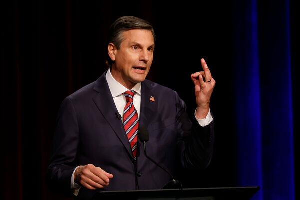 Former football coach Derek Dooley a Republican candidate for the U.S. Senate speaks at the Atlanta Press Club Loudermilk-Young debate for the U.S. Senate at Georgia Public Broadcasting in Midtown on Sunday, April 26, 2026. (Miguel Martinez/AJC)