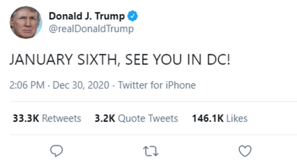 A screenshot of Donald Trump's tweet about the Jan. 6, 2021 rally.