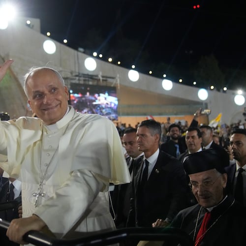 Pope Leo XIV arrives for a meeting with young people in the Square in front of the Maronite Patriarchate of Antioch in Bkerke, Lebanon, Monday, Dec. 1, 2025. (AP Photo/Domenico Stinellis)