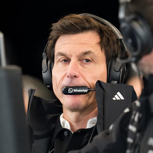 Toto Wolff, principal of Mercedes AMG Petronas F1 Team, watches during a practice session at the F1 Las Vegas Grand Prix auto race , Thursday, Nov. 20, 2025 in Las Vegas. (AP Photo/Nick Didlick)