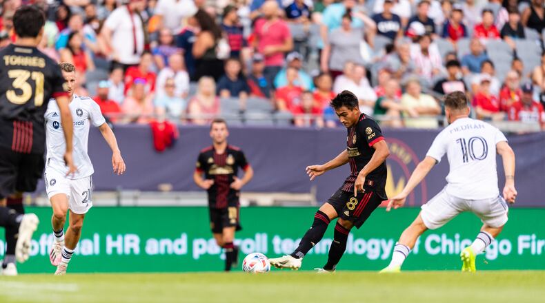 Atlanta United forward Tyler Wolff #28 kicks the ball during the first half of the match against Chicago Fire FC at Soldier Field in Chicago, Illinois on Saturday July 3, 2021. (Photo by Jacob Gonzalez/Atlanta United)