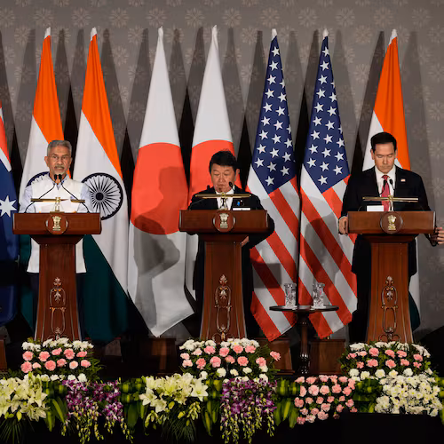 India's External Affairs Minister S. Jaishankar, second left, speaks as Australian Foreign Minister Penny Wong, left, Japanese Foreign Minister Toshimitsu Motegi, second right, and U.S. Secretary of State Marco Rubio listen following a Quad ministerial meeting at Hyderabad House in New Delhi, India, Tuesday, May 26, 2026. (AP Photo/Manish Swarup)