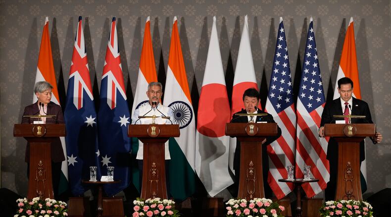India's External Affairs Minister S. Jaishankar, second left, speaks as Australian Foreign Minister Penny Wong, left, Japanese Foreign Minister Toshimitsu Motegi, second right, and U.S. Secretary of State Marco Rubio listen following a Quad ministerial meeting at Hyderabad House in New Delhi, India, Tuesday, May 26, 2026. (AP Photo/Manish Swarup)