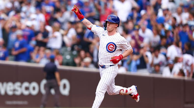 Chicago Cubs designated hitter Pete Crow-Armstrong gestures while running the bases after hitting a home run during the fourth inning of a baseball game against the Los Angeles Dodgers in Chicago, Wednesday, Aug. 5, 2026. (AP Photo/Jessie Alcheh)
