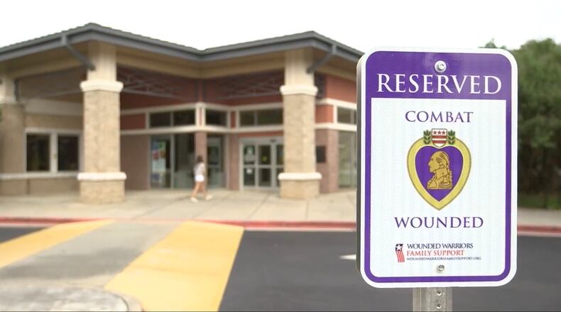 Gwinnett County Public Library recently unveiled a dedicated parking space at each of their 15 branches reserved for veterans who have been awarded the Purple Heart Medal. (Courtesy Gwinnett County Public Library)