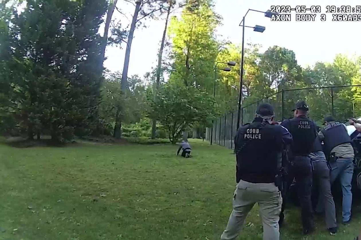 Cobb County police released video Tuesday showing the May 3 arrest of Midtown shooting suspect Deion Patterson. (Cobb police)