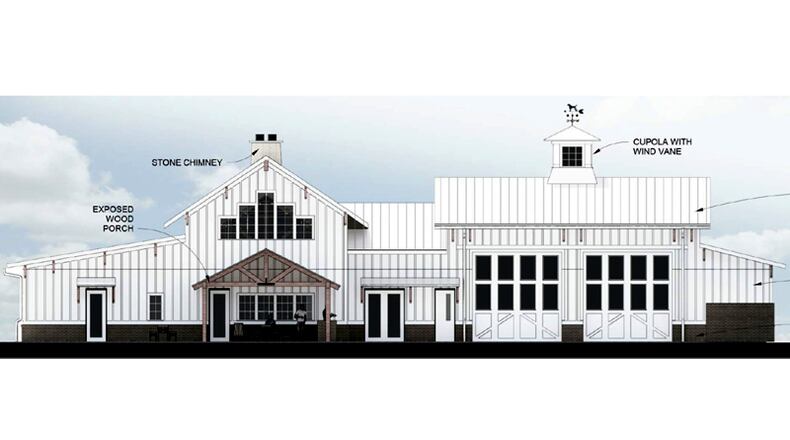 Artist's rendering depicts Milton's new Fire Station 42, a barn-like single-story facility with eight bunk rooms, back patio, open trusses, a fireplace in the middle of the main communal space, and 6,500 square feet.