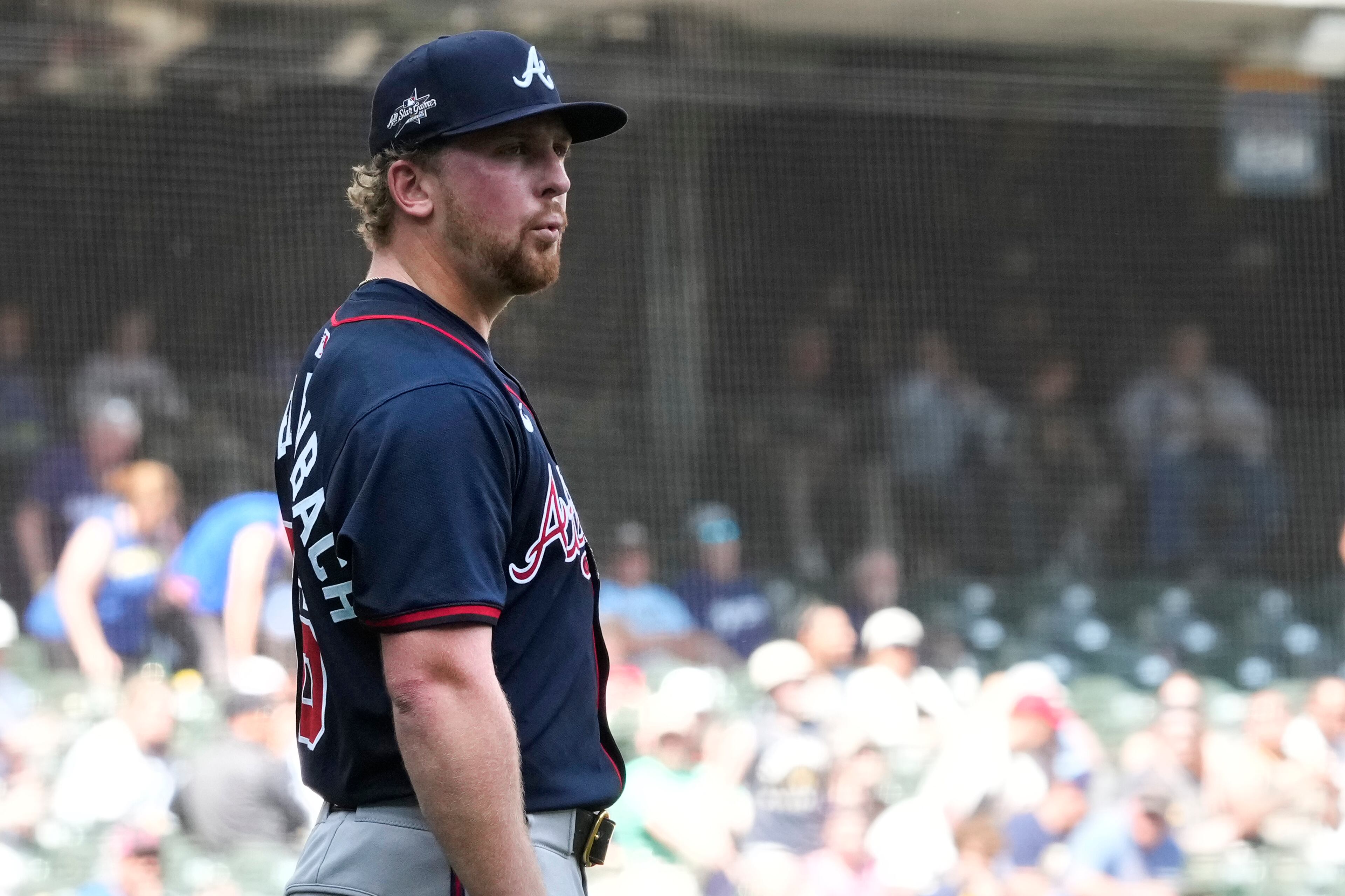 Atlanta Braves pitcher Spencer Schwellenbach (56) reacts to pitching a complete game after striking out the last batter of the game, Milwaukee Brewers' Jake Bauers, in the ninth inning of a baseball game Wednesday, June 11, 2025, in Milwaukee. (AP Photo/Kayla Wolf)
