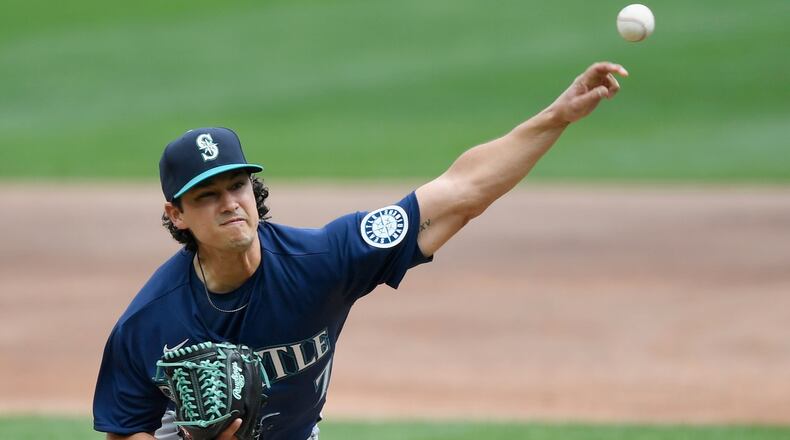 Marco Gonzales of the Seattle Mariners delivers a pitch against the Minnesota Twins during the first inning at Target Field on Thursday, April 8, 2021, in Minneapolis. (Hannah Foslien/Getty Images/TNS)