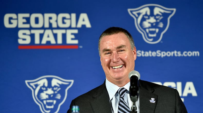 Shawn Elliott speaks at a news conference where he was introduced as the head football coach for Georgia State in Atlanta, Georgia, on Friday, December 9, 2016. (DAVID BARNES / DAVID.BARNES@AJC.COM)