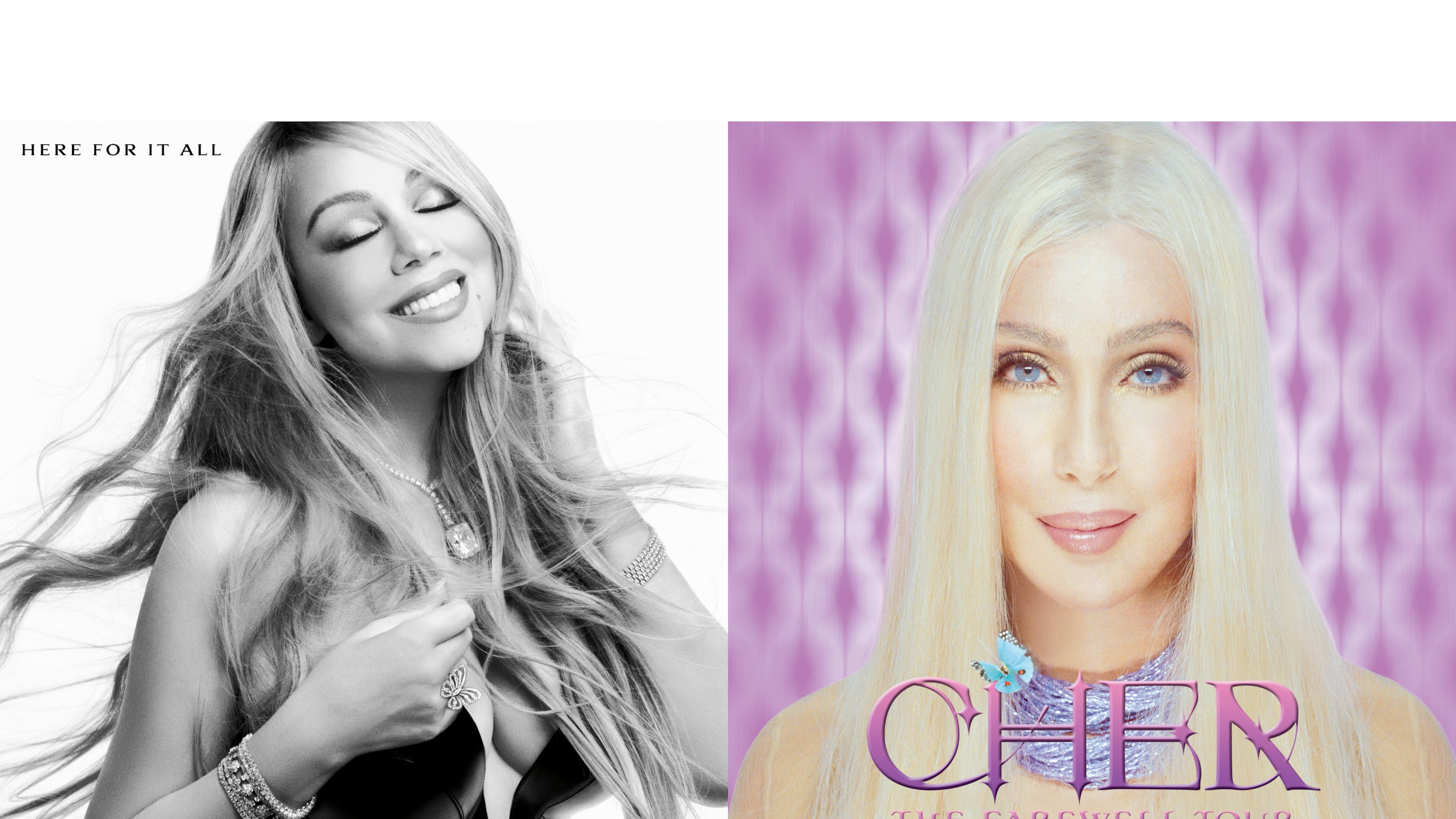 This combination of images shows “Here For It All” by Mariah Carey, left, and "The Farewell Tour" by Cher. (Gamma/Warner Records via AP)