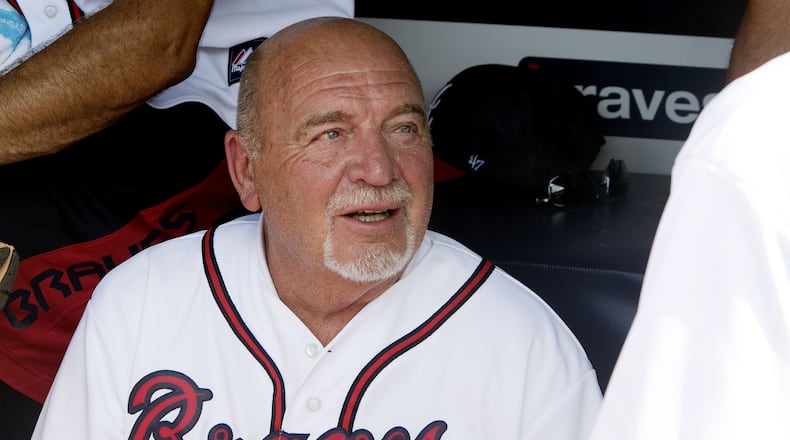 Leo Mazzone catches up with former players before a softball game with the 1995 Braves team against other Braves alumni at Turner Field in Atlanta on Saturday August 8th, 2015. (Photo by Phil Skinner)