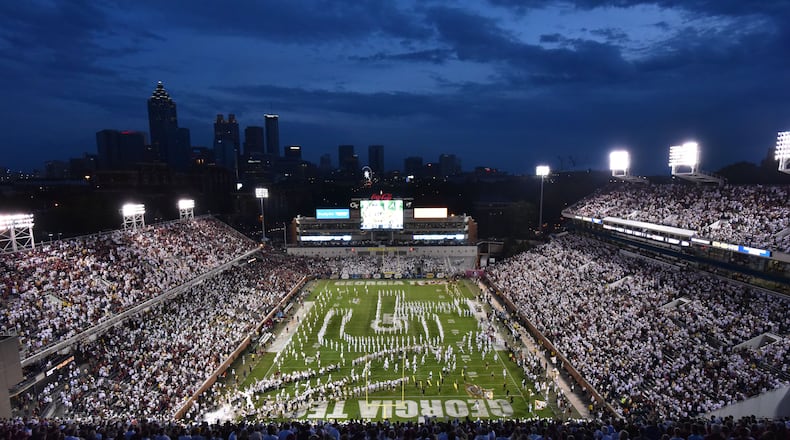 Georgia Tech Yellow Jackets and Florida State Seminoles take on the field before their game at Bobby Dodd Stadium on Saturday, October 24, 2015. HYOSUB SHIN / HSHIN@AJC.COM