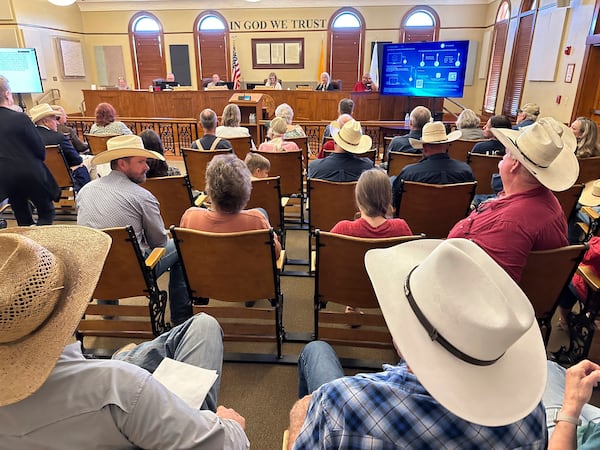 Tensions run high over management of federal public lands and wildlife at a Luna County Commission meeting in Deming, N.M., on June 12, 2025. (AP Photo/Morgan Lee)