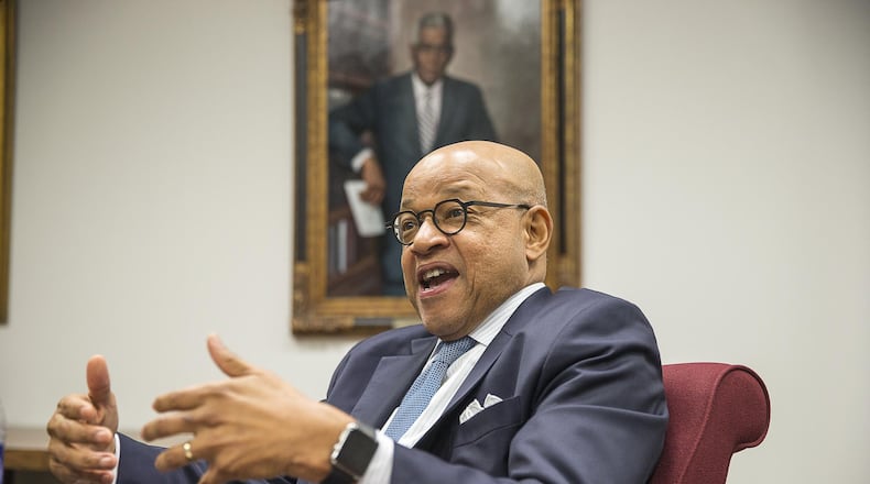 David A. Thomas, who has been president of Morehouse College for a little more a year, talks about what he plans to accomplish while leading the historically black college. He’s shown in his office at the college in Atlanta. ALYSSA POINTER / ALYSSA.POINTER@AJC.COM