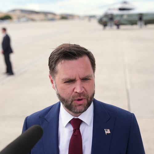 With Marine Two in the background, Vice President JD Vance speaks with reporters upon arriving at Joint Base Andrews, Md., Thursday, May 28, 2026. (AP Photo/Matt Rourke, Pool)