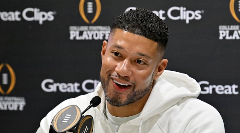 Notre Dame head coach Marcus Freeman answers questions during Media Day at the Georgia World Congress Center ahead of the 2025 College Football Playoff national championship game between Notre Dame and Ohio State on Saturday, Jan. 18, 2025, in Atlanta. (Hyosub Shin/AJC)