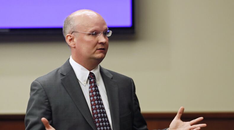 July 9, 2019, 2019 - Marietta - Cobb prosecutor Jason Marbutt delivers his opening statement. The trial of Landon Terrel, facing charges of aggravated battery and felony murder, started July 7th. This is the criminal trial of a former worker at a Sunrise assisted living facility accused of beating to death a 91-year-old resident of the home, Adam Bennett. Bennett’s daughter, Christine Houk testified that despite his age and memory issues, his mind was sharp. She lived near the Sunrise facility and visited him frequently. Bob Andres / bandres@ajc.com