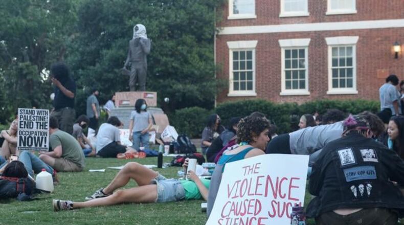University of Georgia students and members of the Athens community gather on the lawn outside of Old College in Athens, Georgia, on Monday, April 29, 2024. They are demonstrating in support of Palestine in the Israel-Hamas war, and join hundreds of college students across the United States in a nationwide movement. (Photo Courtesy of Felix Scheyer)
