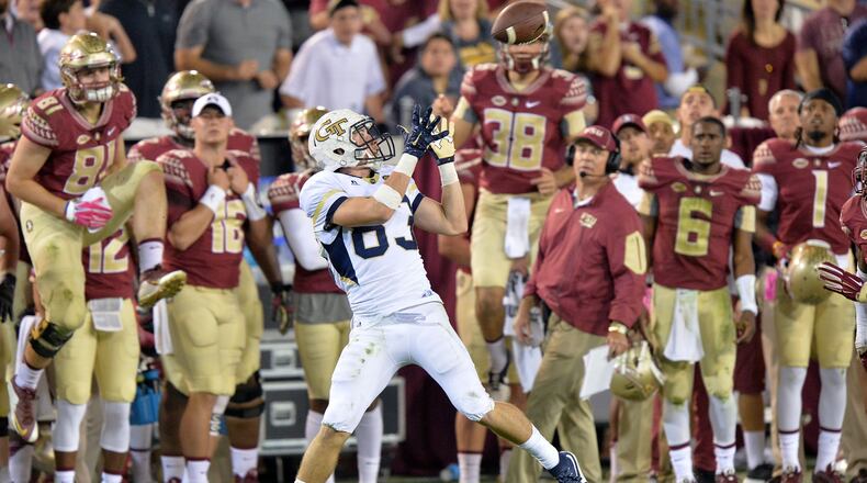 Georgia Tech wide receiver Brad Stewart (83) catches a pass at Bobby Dodd Stadium on Saturday, October 24, 2015. HYOSUB SHIN / HSHIN@AJC.COM