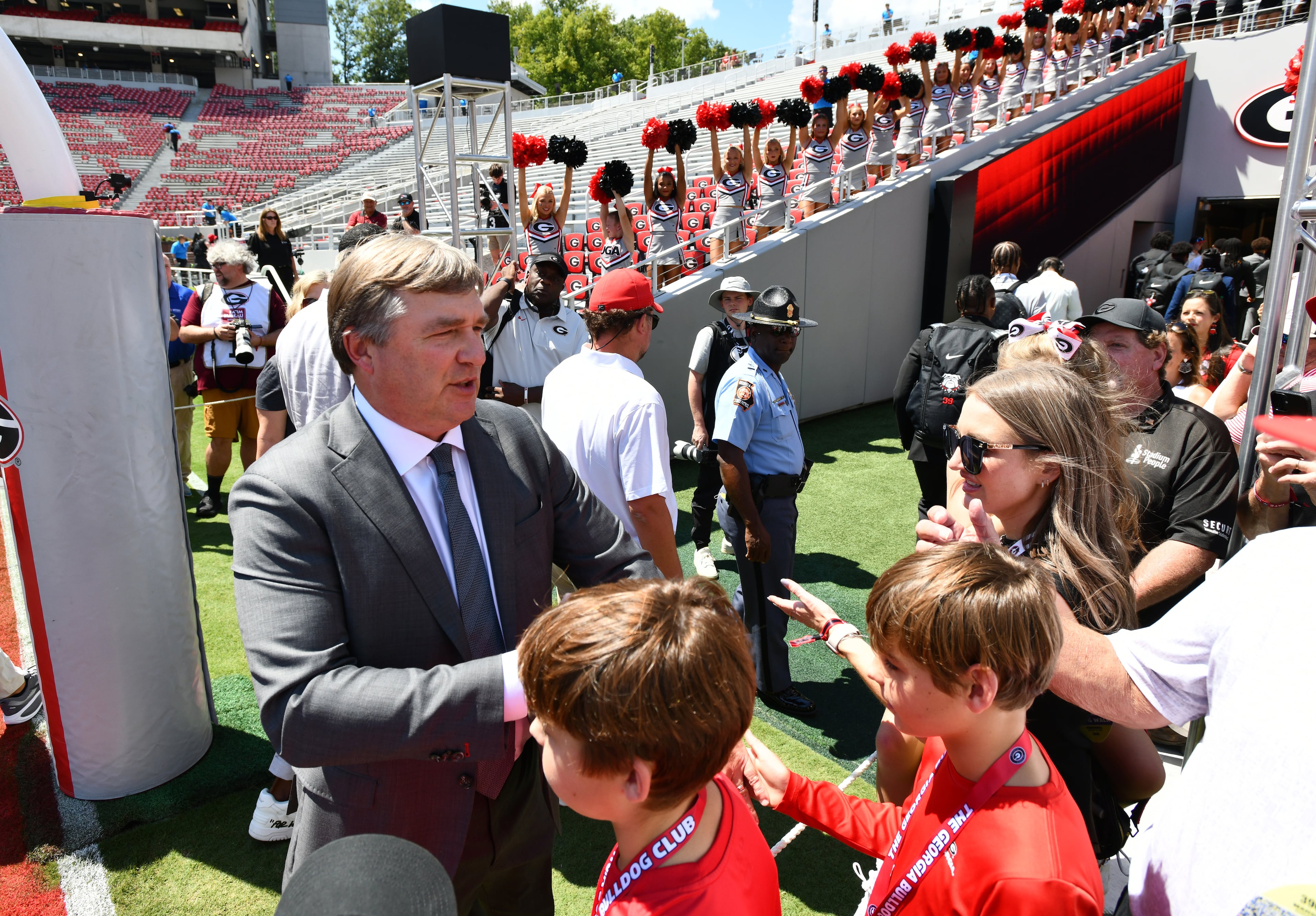 Georgia head coach Kirby Smart is greeted by fans during the Dawg Walk before Georgia football's season opener and home opener against Marshall at Sanford Stadium, Saturday, August 30, 2025, in Athens. (Hyosub Shin / AJC)