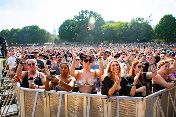 Fans enjoy the guitar-heavy rock of High Suspect during the Shaky Knees Music Festival at a sweltering Piedmont Park on Saturday, Sept. 20, 2025, in Atlanta. (Ryan Fleisher for the AJC)