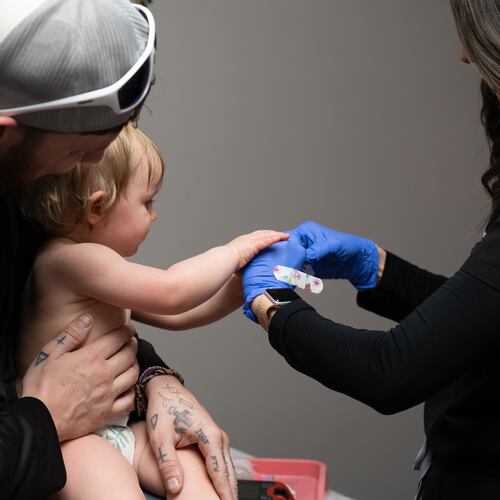 Daren Chandler's 12-month-old daughter has blood drawn before receiving a measles shot at Tiger Pediatrics in Easley, South Carolina on March 17, 2026. (Mary Conlon/AP)